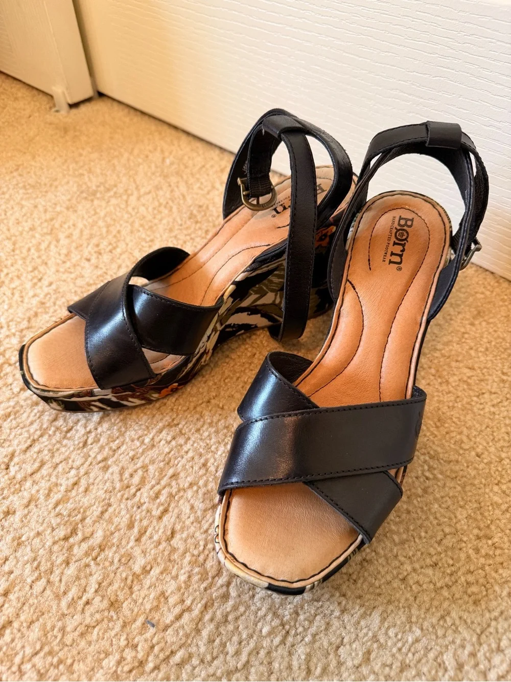 Born Black Leather Floral Wedge Sandals with Ankle Strap
